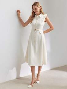 MOTF PREMIUM CHI TIẾT NÚT VỎ RẮN CHI TIẾT VÁY XOAY HEM TRƯỚC CÓ THẮT LƯNG - Màu be - Xem 6