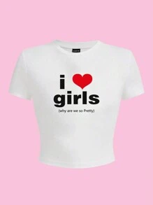 SHEIN EZwear 「我愛女孩」女性性感短上衣，圓領短袖款 - 白色 - 查看 3