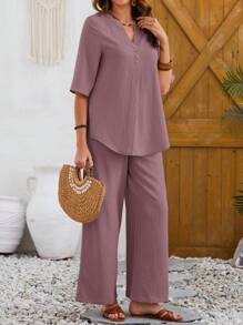 EMERY ROSE Bộ trang phục thường ngày 2 món áo thun cổ chữ V màu trơn mùa hè cho nữ và quần dài - Bụi hồng - Xem 5