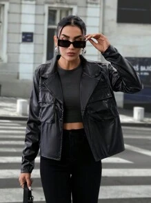 EURMUSE Black Crop Leather Jacket - Black - View 5