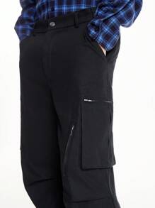 Manfinity VCAY 男士街头棉质中腰拉链多口袋喇叭下摆宽松休闲工装裤 - 黑色 - 查看 6