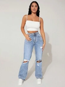 SHEIN PETITE High-Waisted Ripped Loose Y2K Autumn And Winter Warm Jeans Thermal Denim - Baby Blue - View 3