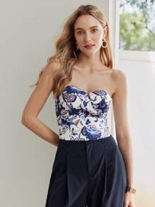 MOTF PREMIUM Top De Tubo Bustier Slim Fit Estampado Plantas - Azul Marino - Ver 8