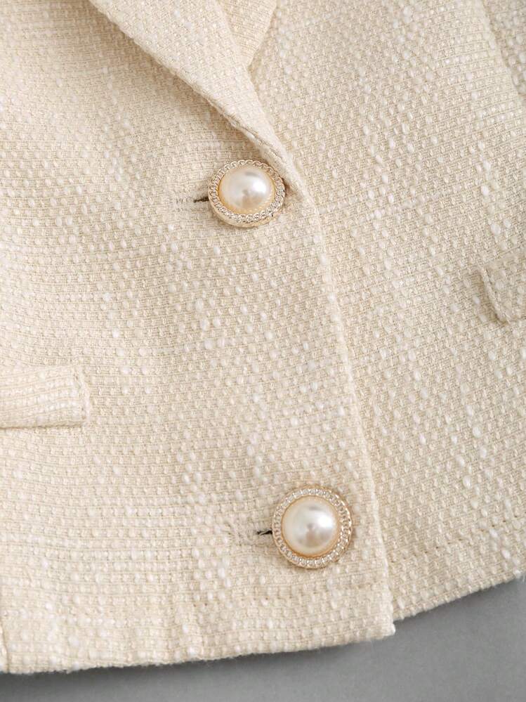 Sweetra Áo blazer dáng ngắn màu trơn, phong cách thường ngày mùa Xuân/Thu Y2K - Màu be - Xem 4