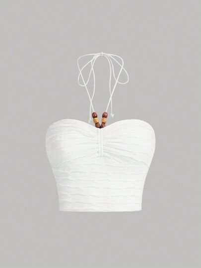 SHEIN MOD Tie Backless Ruched Halter Beads Boho Top