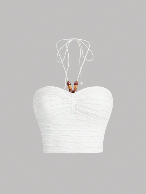SHEIN MOD Tie Backless Ruched Halter Beads Boho Top