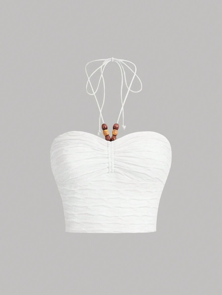 SHEIN MOD Tie Backless Ruched Halter Beads Boho Top - White - View 1