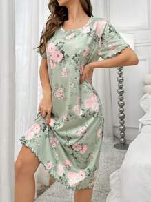 Floral Printed Round Neck Long Sleep Dress Perfect Summer, Moo Moo - Multicolor - View 6