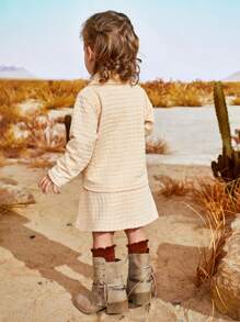 SHEIN Conjunto de top y falda de textura sólida de manga larga para bebé niña, ideal para vacaciones de ocio - Caqui - Ver 2