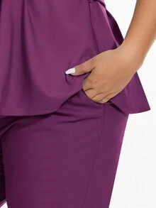 cimmuovere Plus Size Zipper Front Top With Belt & Elastic Waist Pants With Pockets, Scrub Uniform Set For Healthcare Workers - Red Violet - View 5