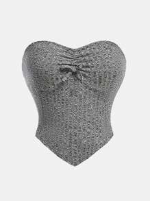 SHEIN Teen Girls Gray Knitted Ribbed Texture Crop Top With Wrinkle Detailing And Flared Pants Casual Two-Piece Set - Grey - View 5