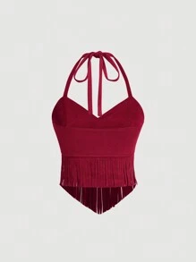 SHEIN MOD 女式复古棕色绒面革露背流苏上衣 - 紅色 - 查看 2