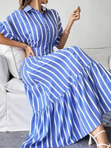 SHEIN Privé Blauw-wit gestreepte lange damesjurk met ruches aan de mouwen