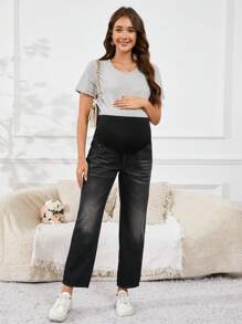 SHEIN Verstelbare taille, rechte pijpen, casual zwangerschapsjeans, veelzijdig