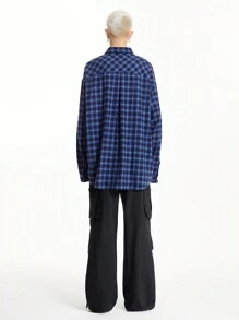 Manfinity VCAY Men's Street Woven Logo Ink Printed Plaid BOXY Long Sleeve Shirt, Suitable For Autumn And Winter Fashion - Blue - View 5