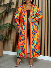 Slaydiva Plus Size Women's Casual Abstract Geometric Water Ripple Print Long Sleeve Cardigan For Going Out - Multicolor - View 8