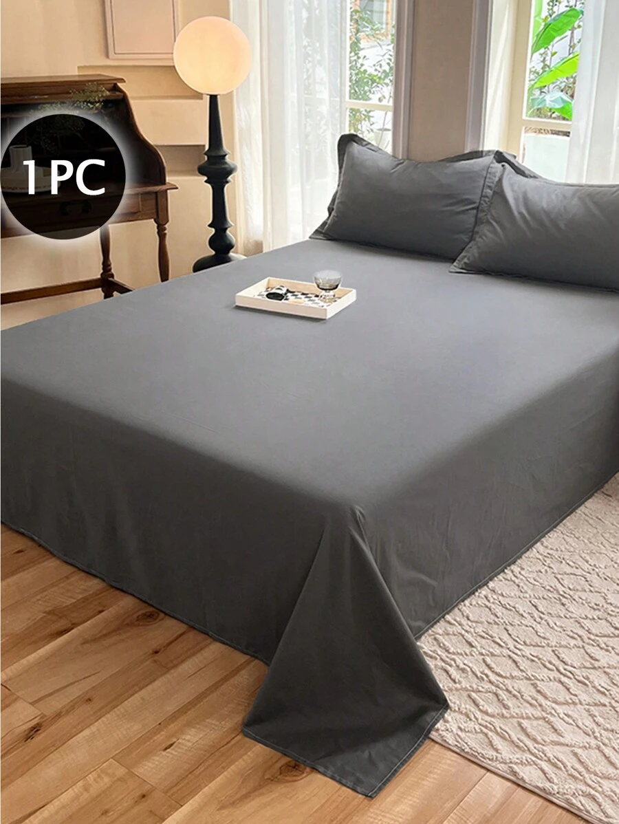 1pc 100% Polyester Lightweight Breathable Solid Color Bedsheet, Modern Composite Fabric Bedroom Bedsheet - Dark Grey - View 1