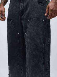 Manfinity VCAY 男士加大號洗水休閒直筒牛仔褲，鉚釘裝飾，編織面料 - 黑色 - 查看 2