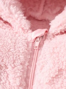 SHEIN 女婴粉色纯色羊毛连帽连脚睡衣，可爱的冬装 - 淺粉色 - 查看 3