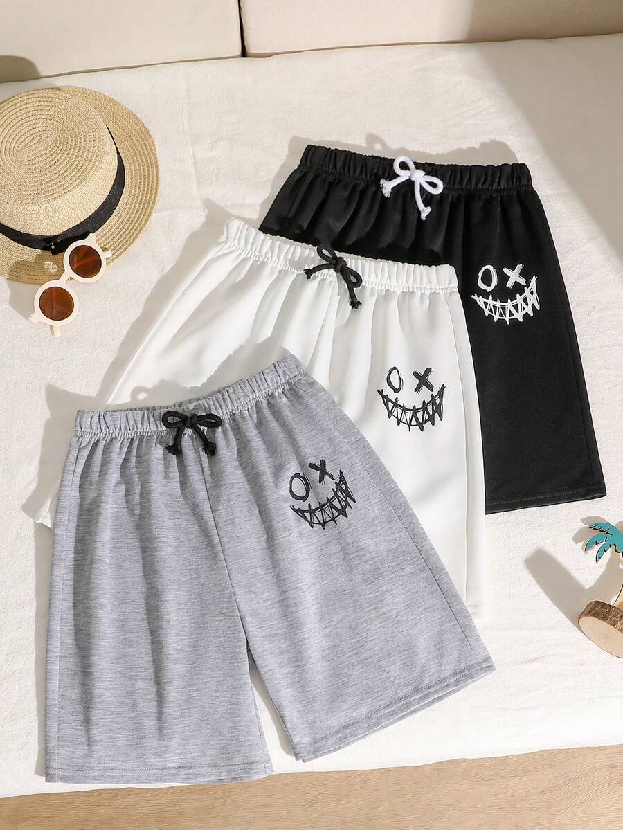 3pcs/Set Tween Boy Vacation Collegiate Style Printed Loose Fit Knit Shorts, 3 Colors - Black and White - View 1