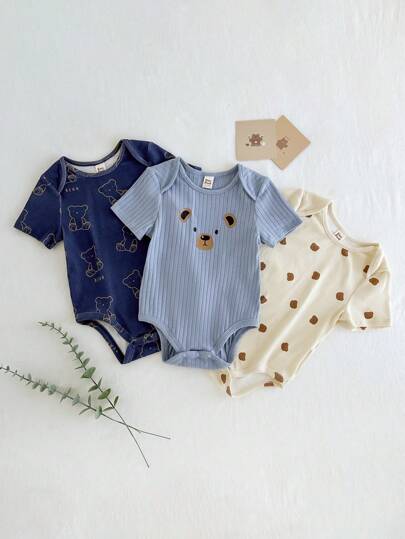 Cozy Pixies Newborn Baby Boy Panda Pattern Knitted Soft Round Neck Short Sleeve Bodysuit Set Of 3