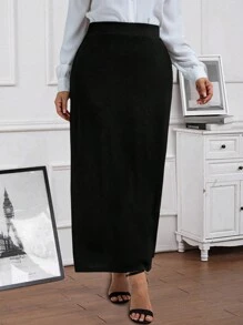 Miaspire Plus Size Women's Casual Solid Color Long Skirt, Spring/Summer - Black - View 4