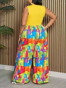 Slaydiva Plus Size Elegant & Holiday Casual Net Yellow Sleeveless Vest And Wide Leg Pants, Color-Blocked Tie Dye Printed Women's 2-Piece Set, Pride, Summer,Holiday Outfits - Yellow - View 2