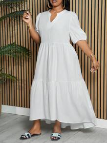 Slaydiva Plus Size Đầm chữ A kiểu dáng babydoll màu trắng thanh lịch & giản dị có miếng vá nhiều lớp, tay áo ngắn kiểu đèn lồng và viền bất đối xứng, vải dệt mỏng cho nữ, Xuân & Hè - Z - trắng - Xem 4