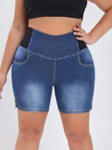 Flexra Quần short denim bó sát cỡ lớn dành cho nữ có túi - Rửa trung bình - Xem 7