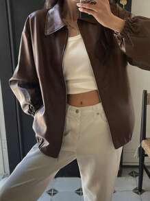 Dazy-Less 落肩斜插口袋PU皮夹克，秋季女装皮夹克