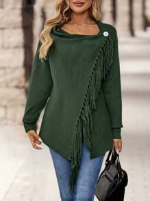 EMERY ROSE Solid Color Draped Neck Fringe Decorated Long Sleeve Sweater - Army Green - View 7