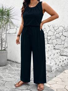 SHEIN Plus Size Women's Summer Solid Color Round Neck Pleated Sleeveless Wide Leg Jumpsuit - Navy Blue - View 3
