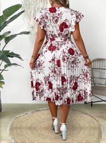 SHEIN Clasi Gaun Kasual Musim Panas Ukuran Besar dengan Motif Bunga, Hem Bergelombang, dan Hiasan Rumbai - Red and White - View 2