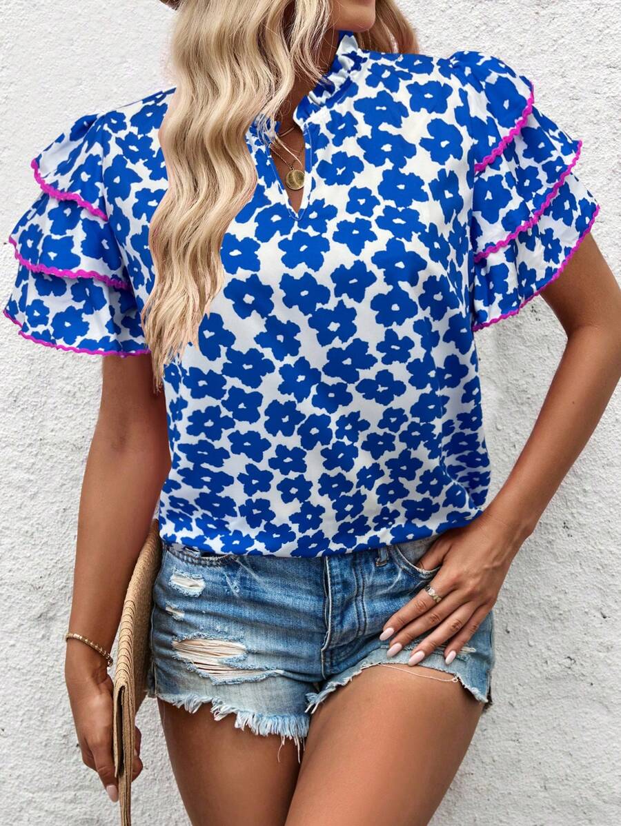 SHEIN LUNE Áo Sơ Mi Nữ Tay Ô Dù Họa Tiết Hoa Viền Ren (In Ngẫu Nhiên) - Màu xanh lam - Xem 1