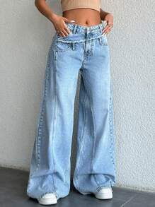 EURMUSE 100%Cotton WIDE LEG LOW WAIST LIGHT WASH - Light Wash - View 6