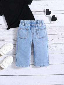 SHEIN Baby Girl Elastic Waist Casual Blue Jeans With Pockets - Light Wash - View 4