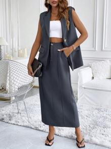 Chiquease Women's Solid Color Simple Daily Wear Sleeveless Top, Skirt And Suit Set - Grey - View 3