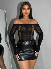 VaVaBold Fashionable And Sexy Off Shoulder Long Sleeve Sheer Bodysuit In Solid Color