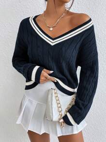 EMERY ROSE Spring And Autumn Casual Contrast Striped V-Neck Sweater,Long Sleeve Tops, Knit Pullover Fall Winter - Navy Blue - View 6