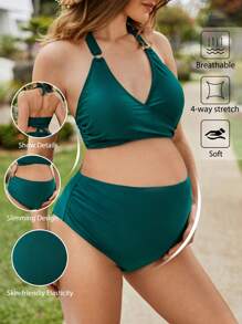 SHEIN Maternity Summer Beach Solid Color Halter Neck Bikini Set With Ring Decoration - Green - View 1