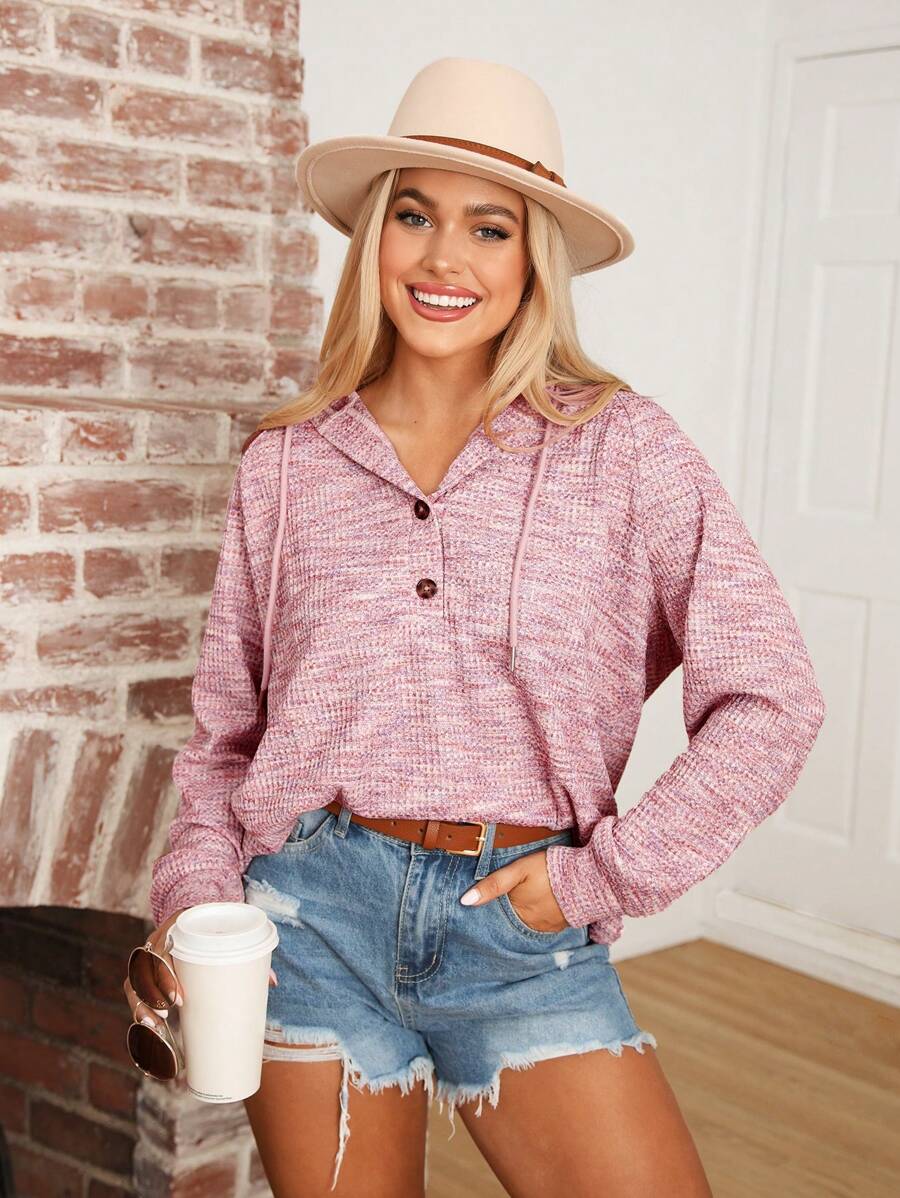 SHEIN LUNE Women's Autumn Winter Slim Waffle Texture Half-Zip Button Hoodie With Long Sleeves - Dusty Pink - View 1