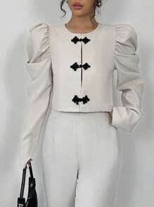 Chiquease Bow Front Gigot Sleeve Crop Jacket - Apricot - View 1