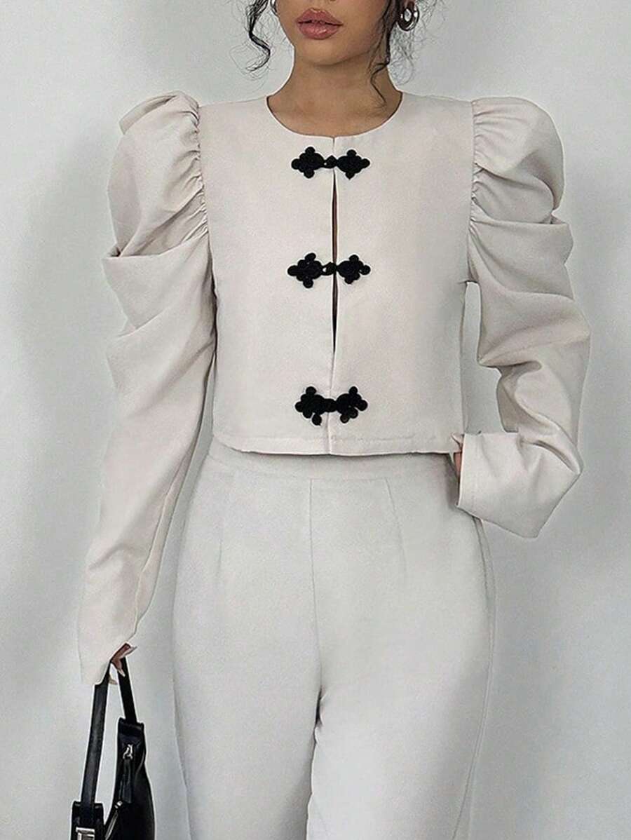 Chiquease Bow Front Gigot Sleeve Crop Jacket - Apricot - View 1