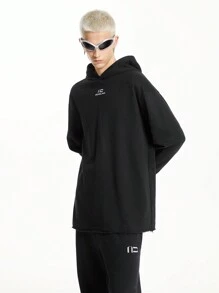 Manfinity VCAY Sudadera con capucha de punto para hombre con estilo callejero, logotipo impreso reflectante de 3M, hombros caídos y bordes anchos, adecuada para las estaciones de otoño e invierno - Negro - Ver 4