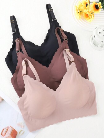 Shein Underwear&Sleepwear Basics 3 Stücke bequemes nahtloses Wellenkanten-Klebe-BH-Set mit herausnehmbaren Cups