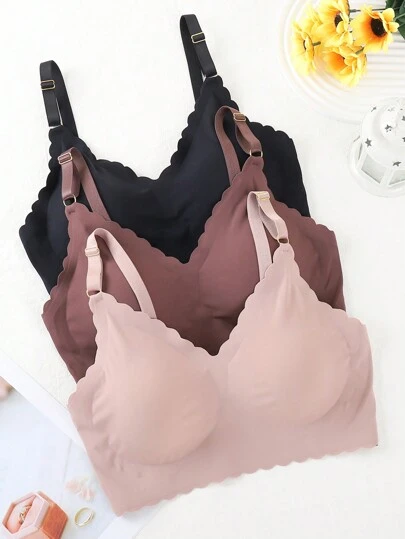 3pcs Comfortable Seamless Wave Edge Adhesive Bra Set With Removable Cups