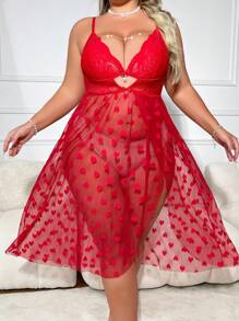 Pearl Chain Decorated Heart-Shaped Lace Plus Size Sexy Camisole Sleeping Dress - Burgundy - View 6