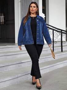 EMERY ROSE Plus Size Women's Plain Simple Daily Wear Long Sleeve Denim Jacket Elegant - Dark Wash - View 6