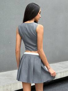 SHEIN EZwear V-Neck Sleeveless Color Block Crop Top And Front Tie Pleated Mini Skirt Two Pieces Set - Grey - View 2