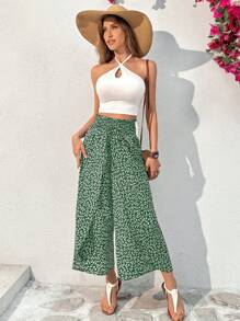 SHEIN Essnce Quần ống rộng in họa tiết mùa hè thường ngày xẻ viền hoa - màu xanh lá - Xem 5
